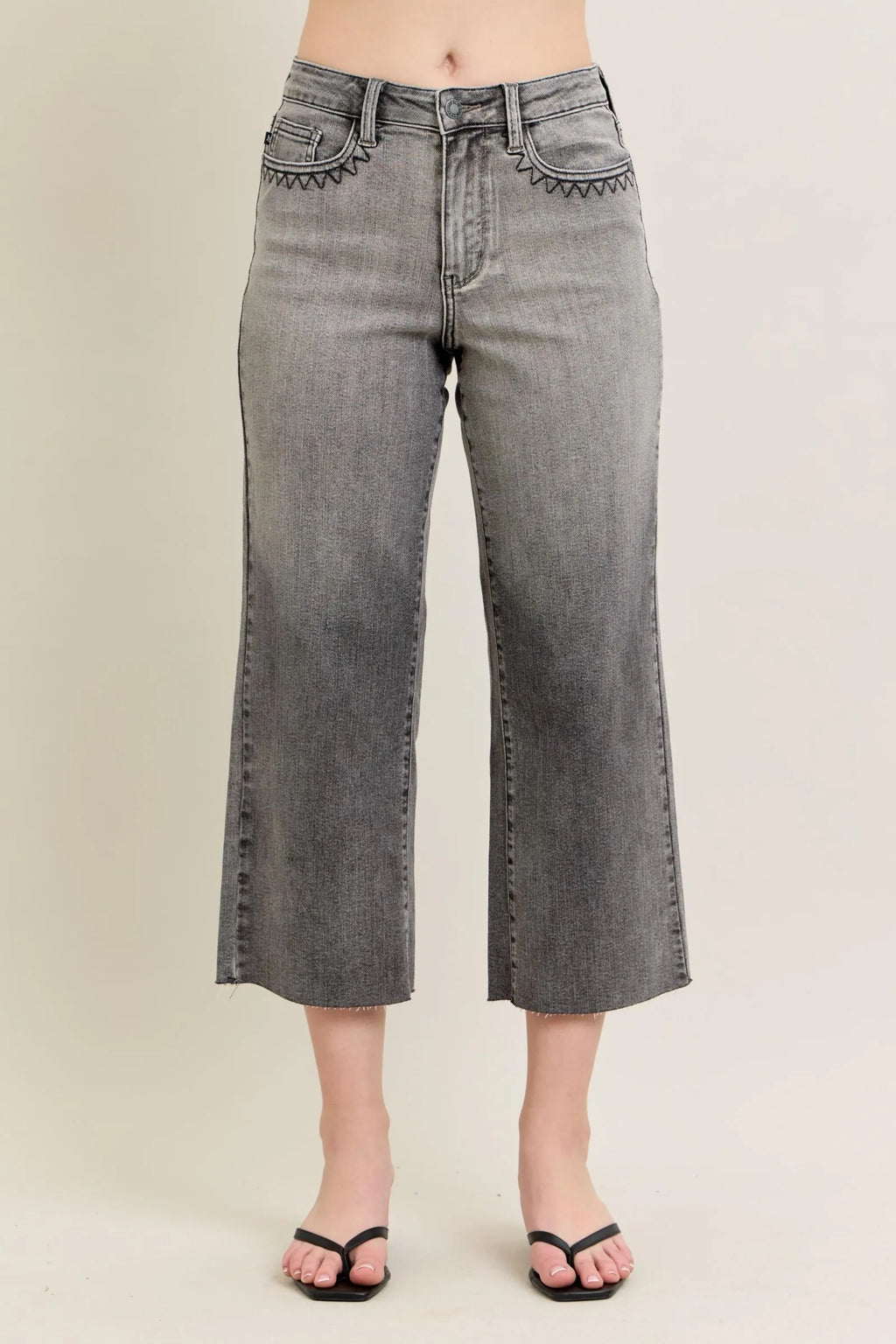 Gray plus-size wide-leg capri jeans, embroidered back yoke, button fly