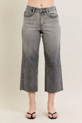 Gray plus-size wide-leg capri jeans, embroidered back yoke, button fly