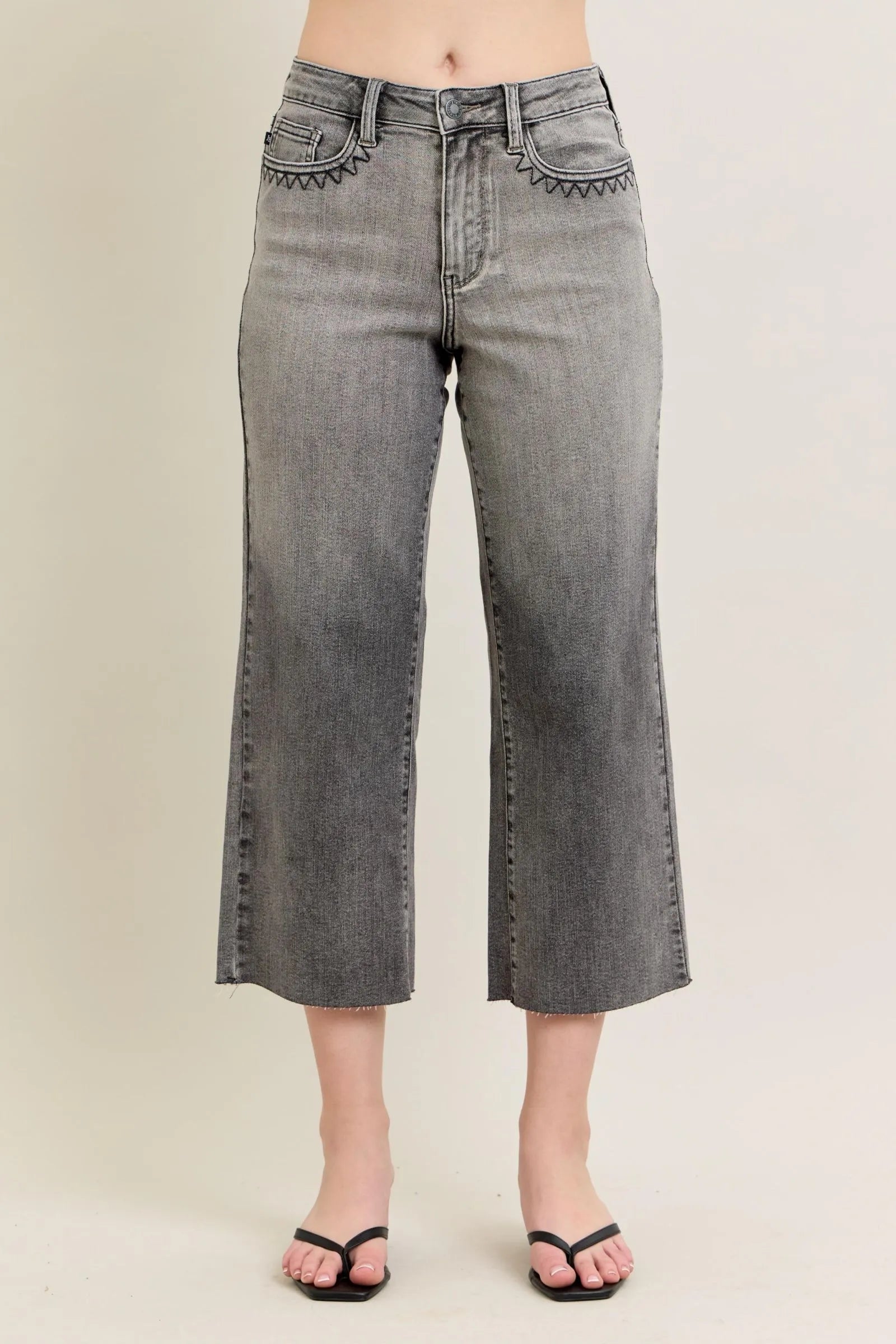 Gray plus-size wide-leg capri jeans, embroidered back yoke, button fly
