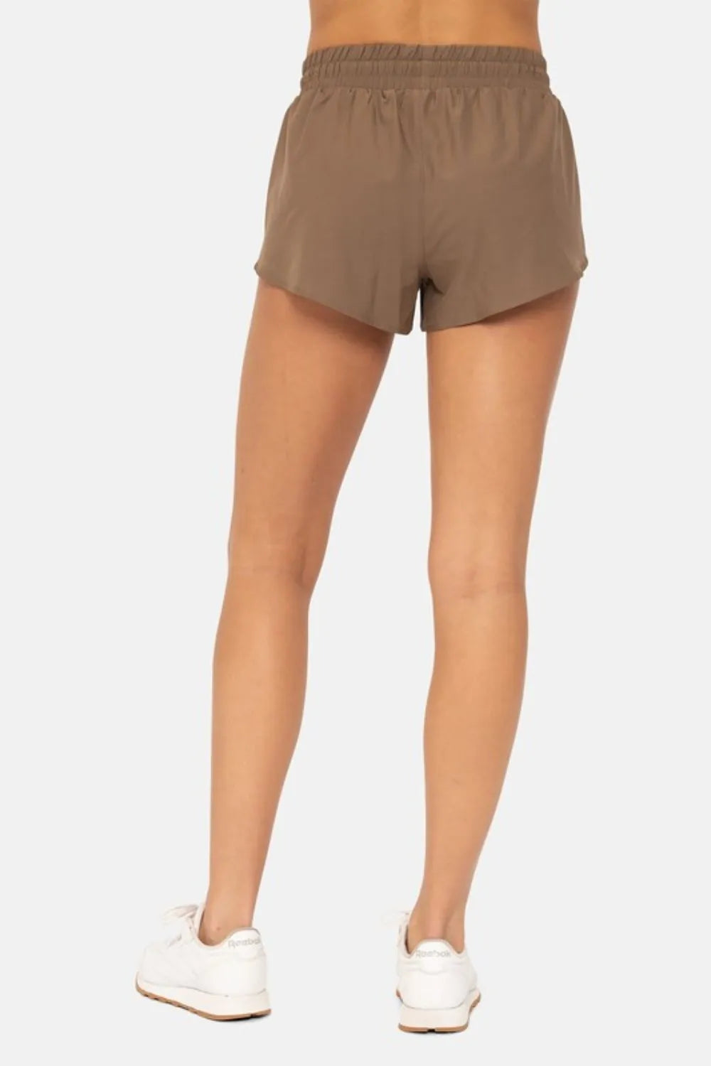 JAVA brown mini shorts with elastic waistband, back view