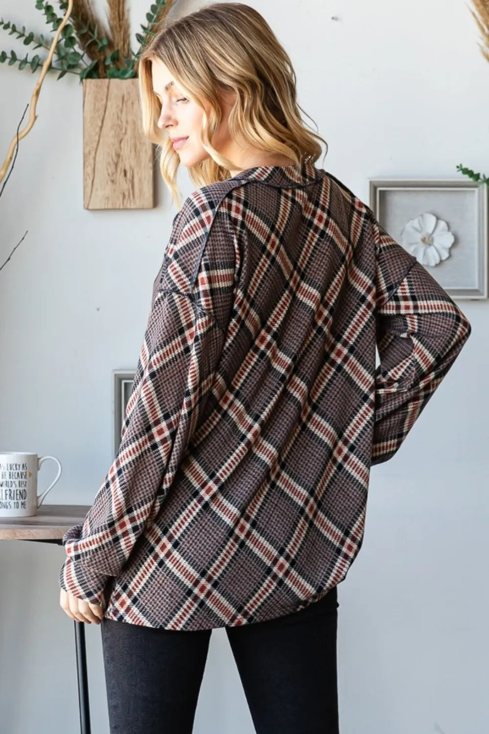 Plaid V-neck tee, exposed seams, Mocha Multi (side view)