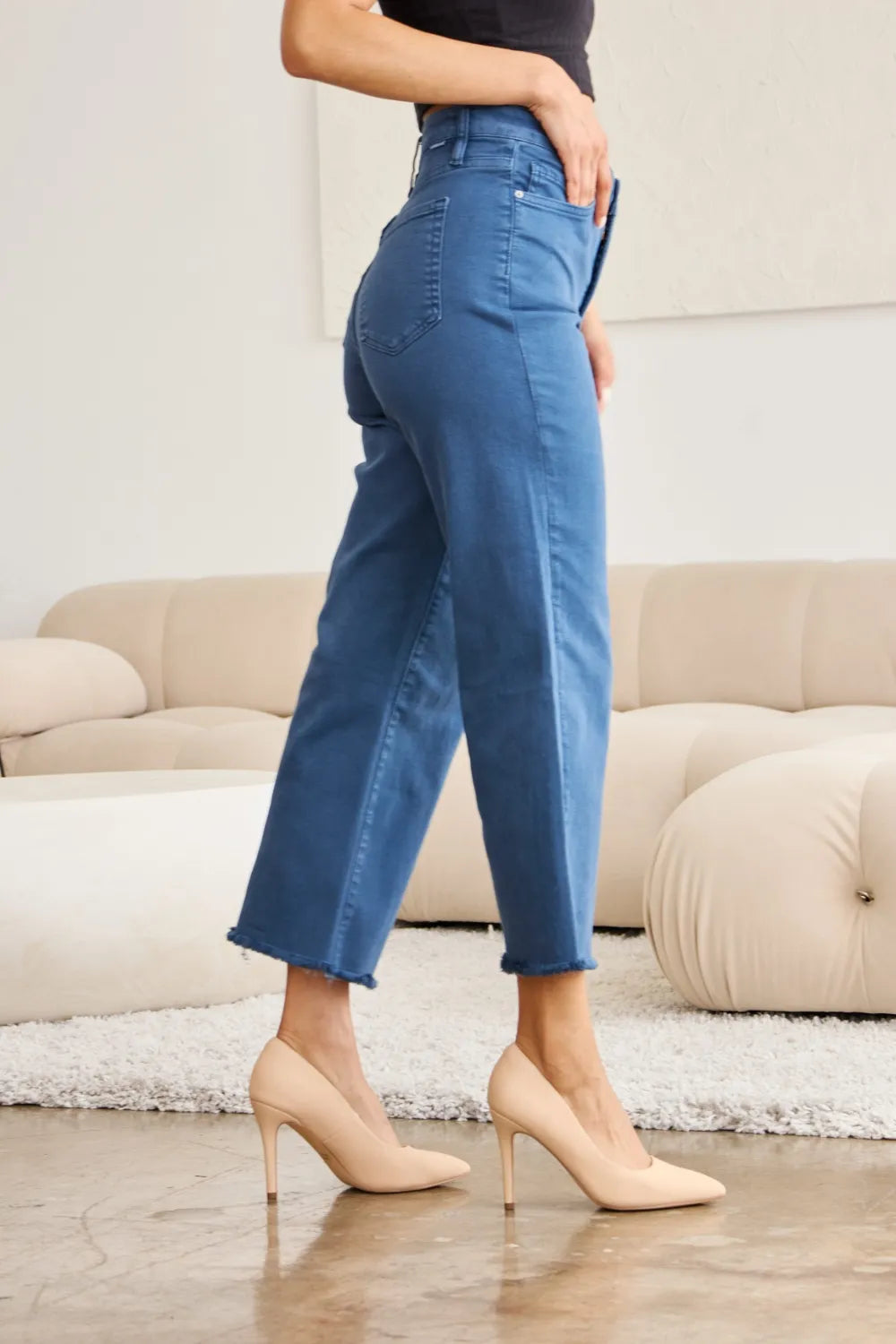 Blue Slate high-waist jeans with raw hem and fitted waist