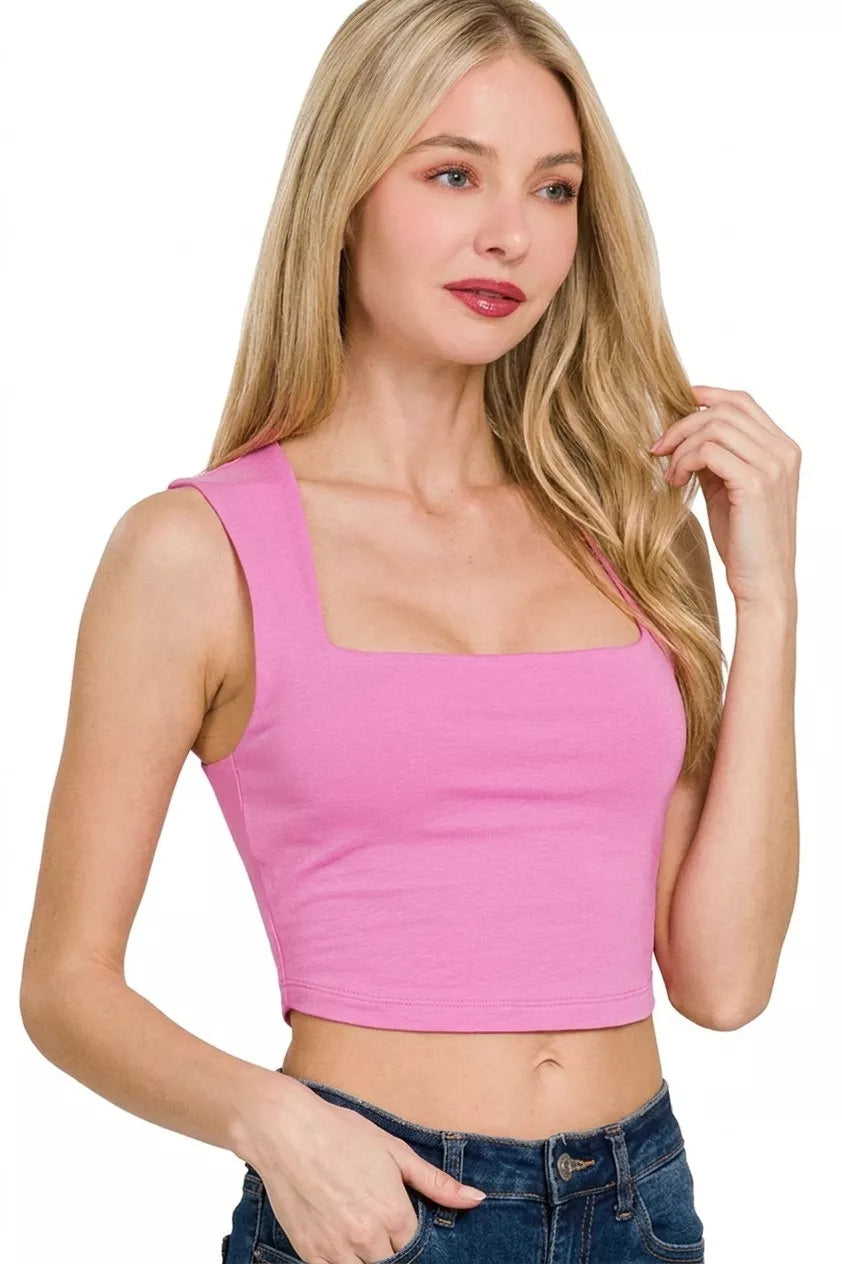 Candy Pink double-layer square-neck cropped tank top, sleeveless