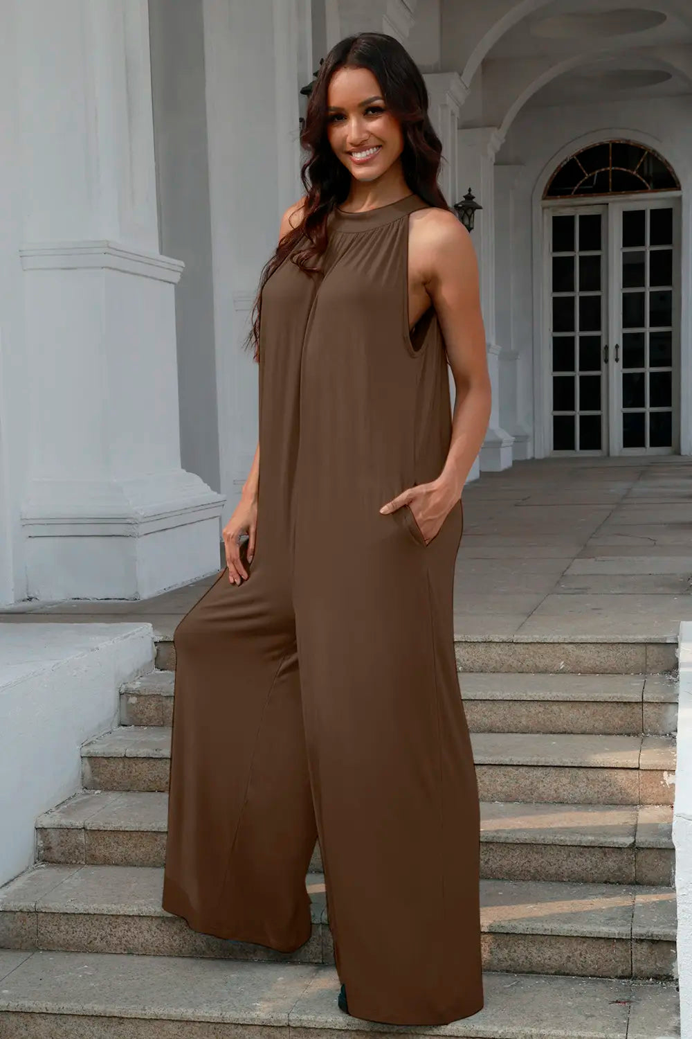 Tie-back cutout sleeveless jumpsuit, brown, draped halter neckline, wide legs