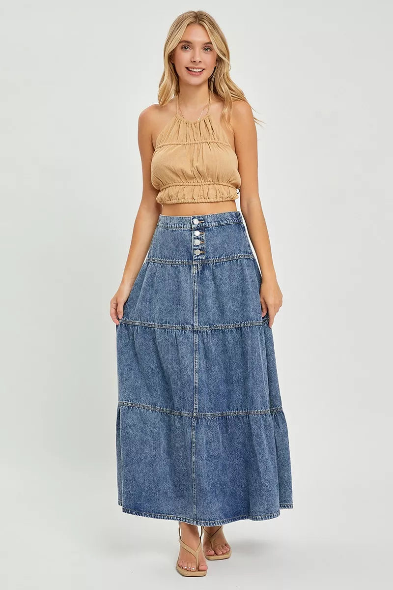 RISEN high-rise long denim skirt with tiered ruffle panels and button-front, medium wash