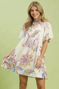 Off-white boho floral print mini dress, short puff sleeves, round neckline