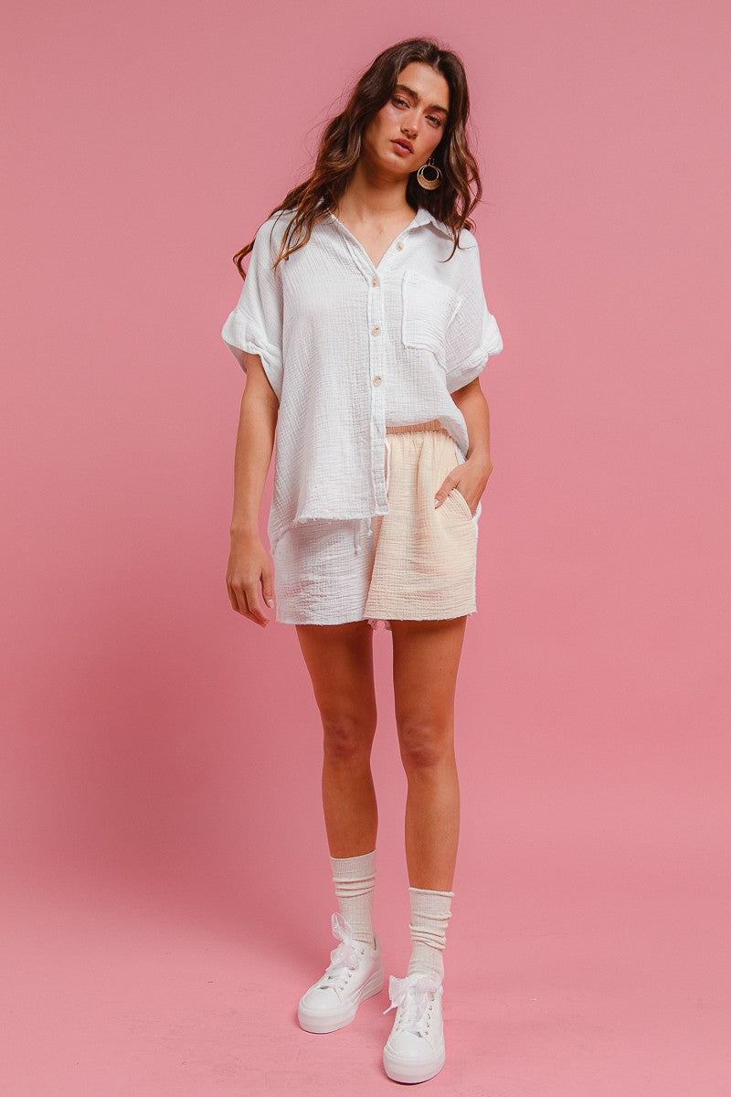 Off-white gauze two-piece set with short-sleeve button shirt and matching drawstring shorts