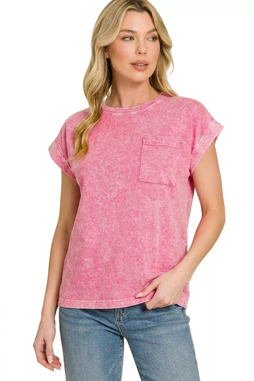 HOT PINK crew-neck short-sleeve tee, chest pocket, snow-washed finish