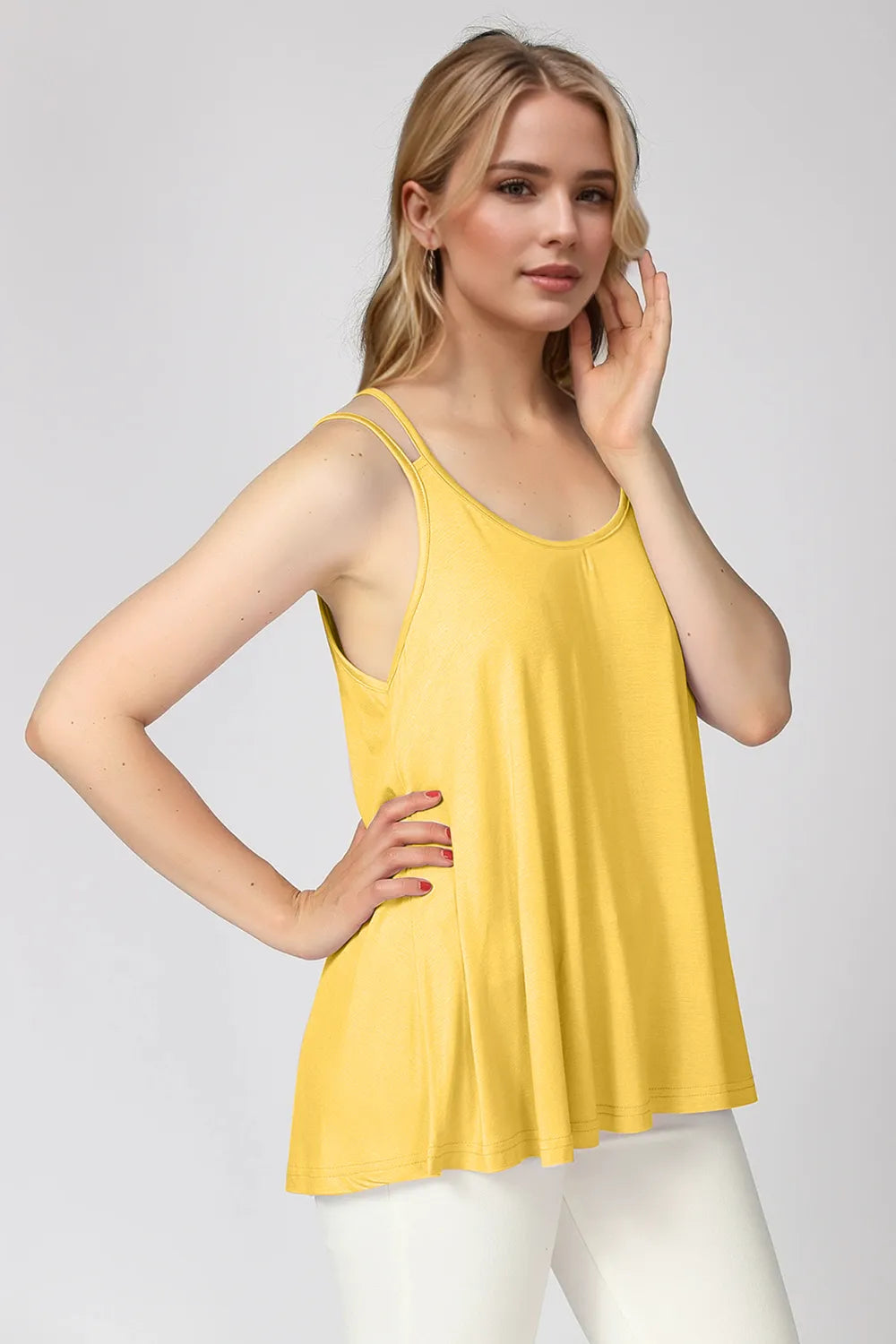 Basic Bae bamboo scoop neck cami, light yellow, double spaghetti straps and flared hem