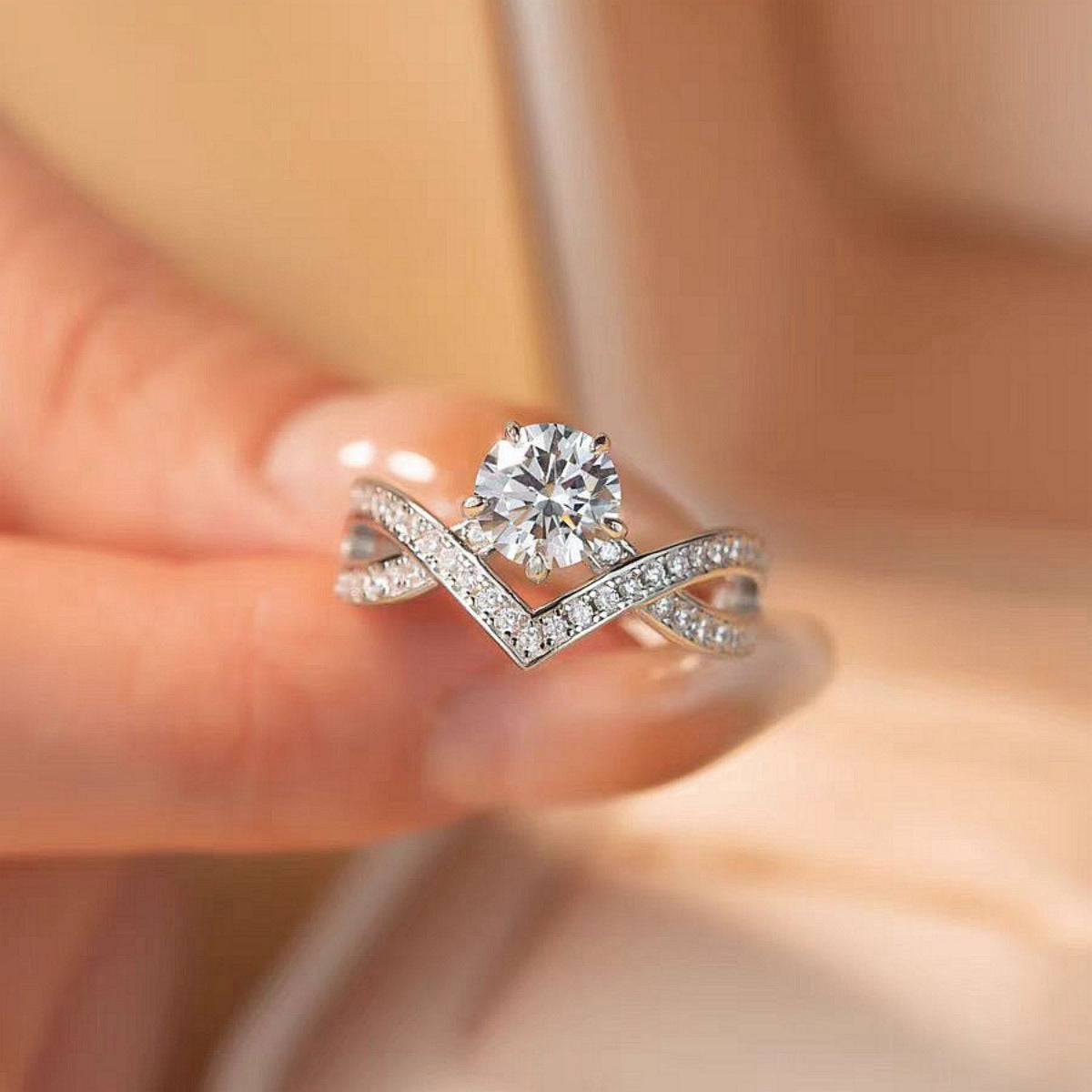 925 sterling silver moissanite ring, round center stone with chevron pavé shank