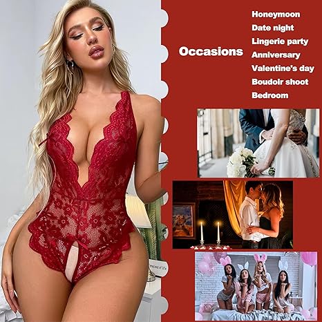 Red lace deep V bodysuit with lace-up open back and scalloped leg openings