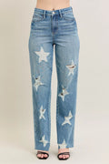 High-waist straight jeans, light denim, star-shaped distressed rips