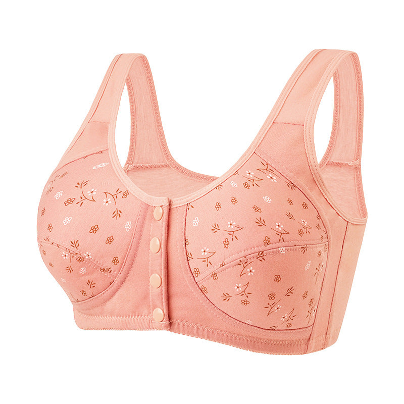 Printed wireless bra with wide straps, front button closure, peach/pink floral pattern