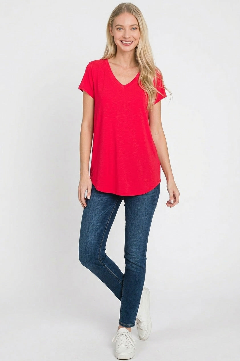 Ruby red V-neck short-sleeve rayon top, drapey fit and rounded hem