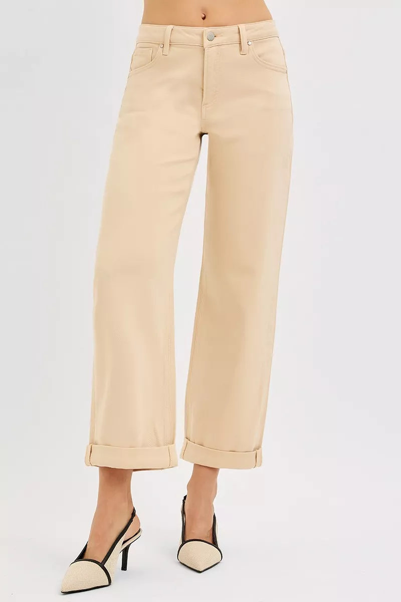 Butter milk relaxed barrel jeans, mid-rise waist, cuffed ankle hem and front pockets