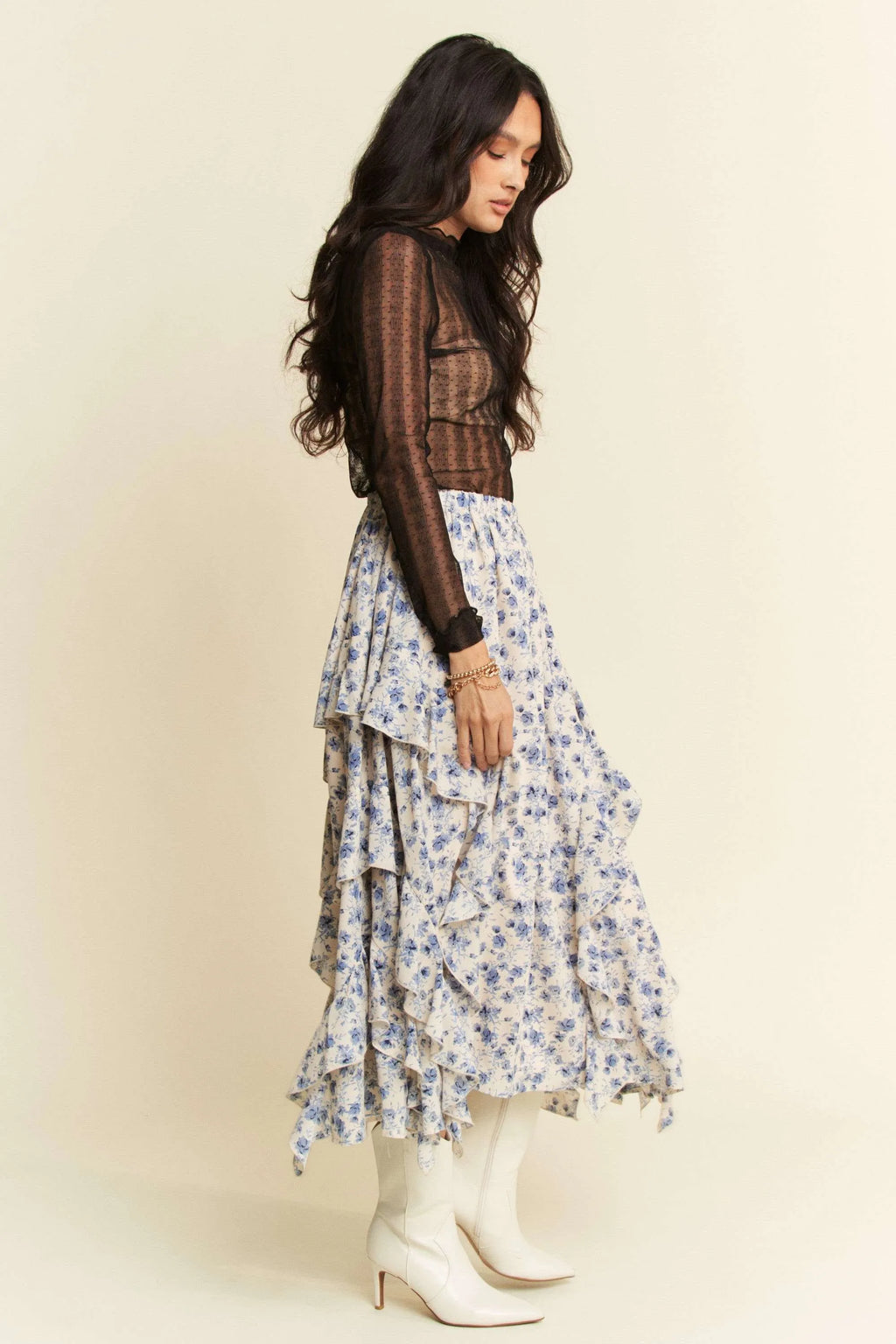 Side view of black sheer dotted mesh turtleneck lace top with long sleeve