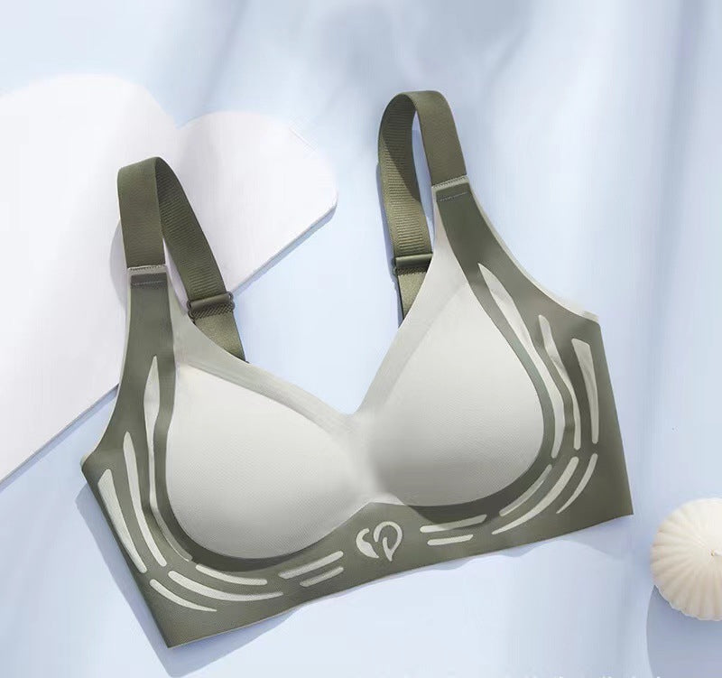 Plus size soft support adjustable sports bra, olive green with white graphic trim
