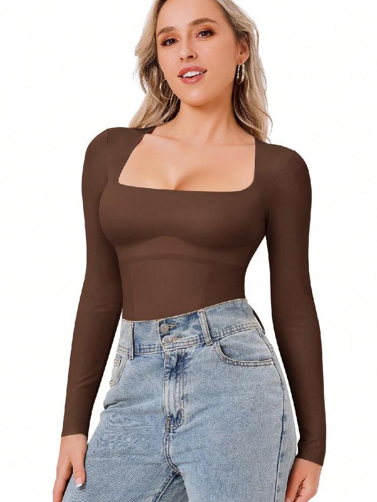 Brown long-sleeve square-neck tummy shaper bodysuit