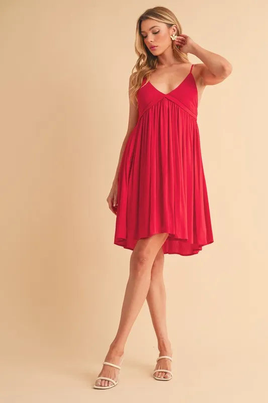 Trendsi red mini cami dress with pleated skirt and adjustable straps