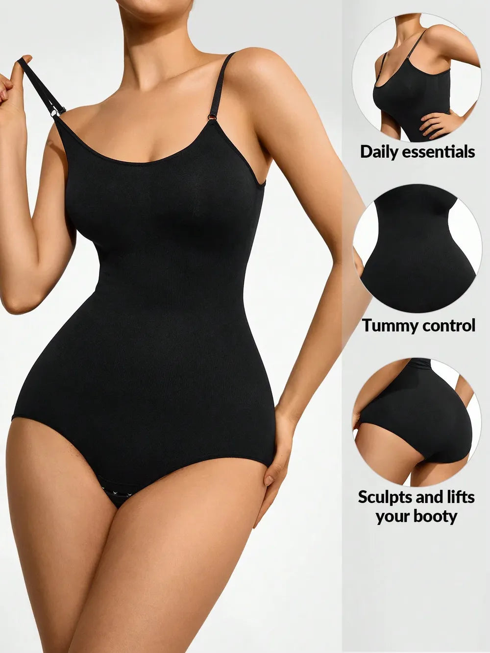 Black full-size scoop neck butt-lifting bodysuit, thin straps