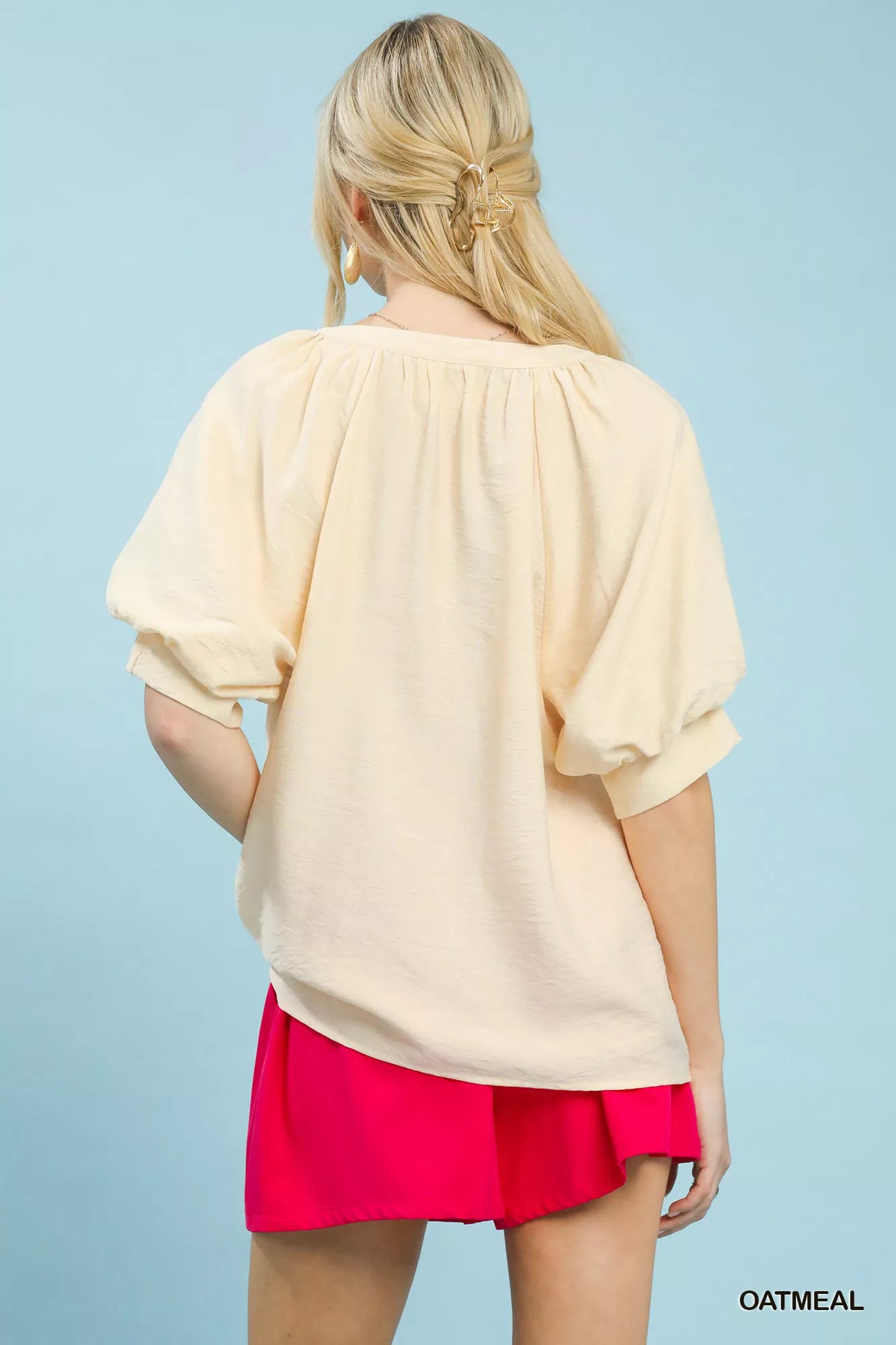OATMEAL blouse back view with gathered yoke and short puff sleeves