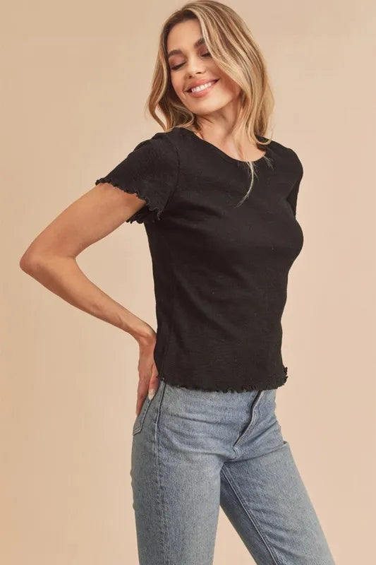 Black T-shirt with round neck and lettuce-trim short sleeves