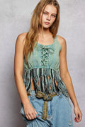 Sage lace-up fringe hem tank with lace detail and tassel trim at waist