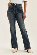 High-waist double-button jeans in dark denim with frayed ankle hem and front pockets.