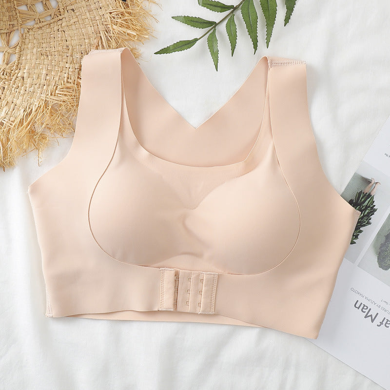 Beige adjustable posture bra with front hook-and-eye band closure