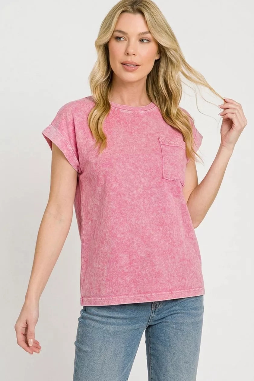 HOT PINK relaxed short-sleeve tee with chest pocket and crew neckline