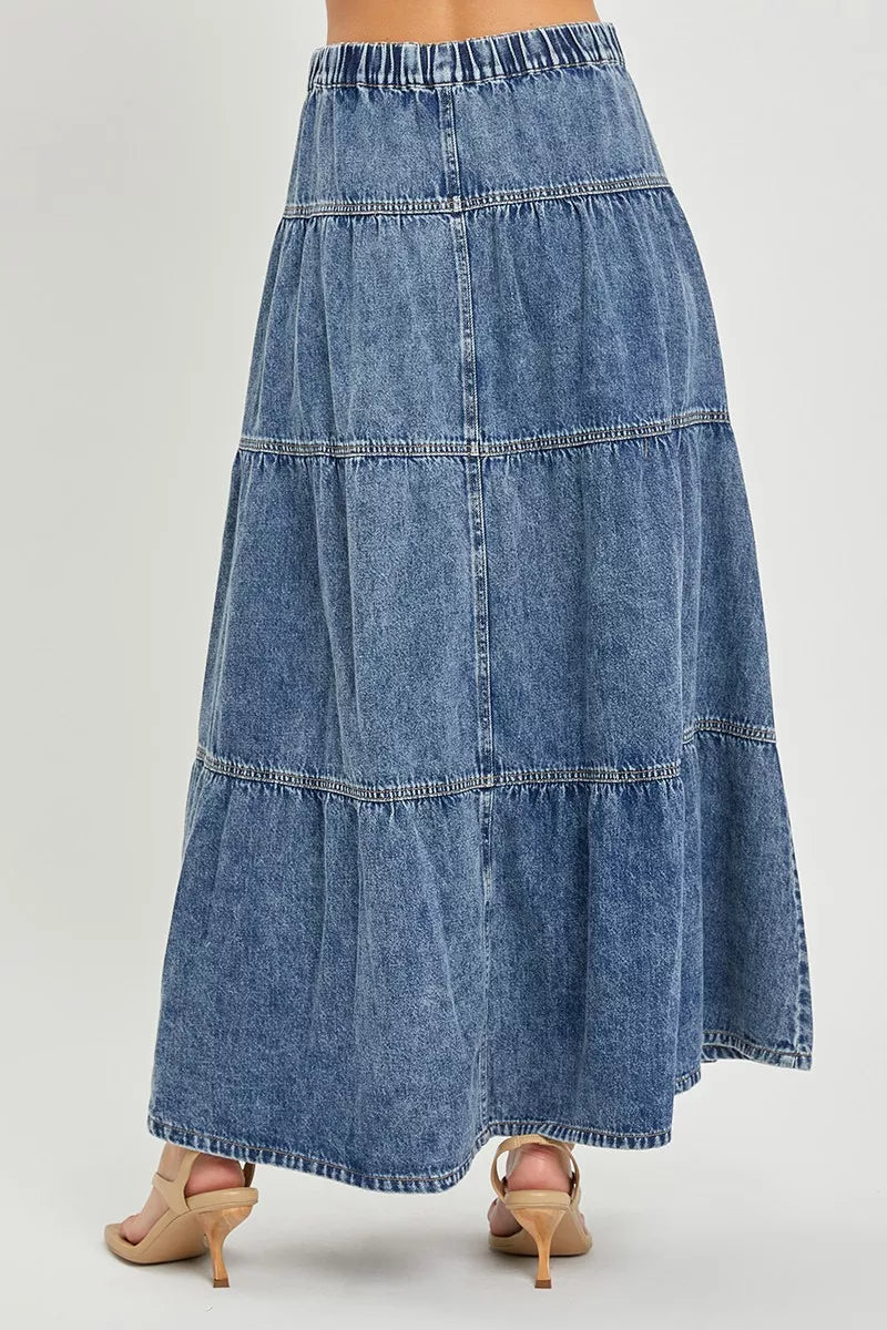 High-rise denim skirt back with elastic waistband and tiered ruffle panels, medium wash