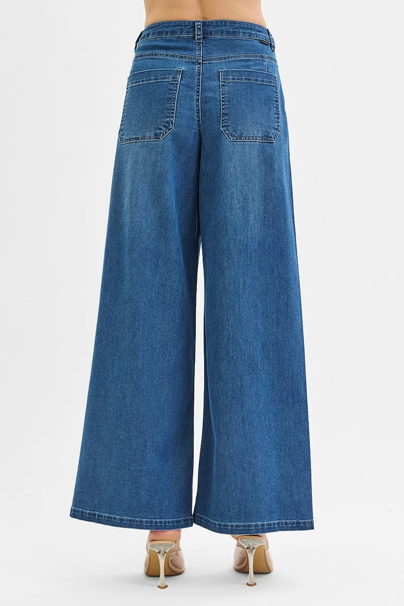 Mid-rise wide-leg jeans, medium-wash denim-look, back view with two patch pockets