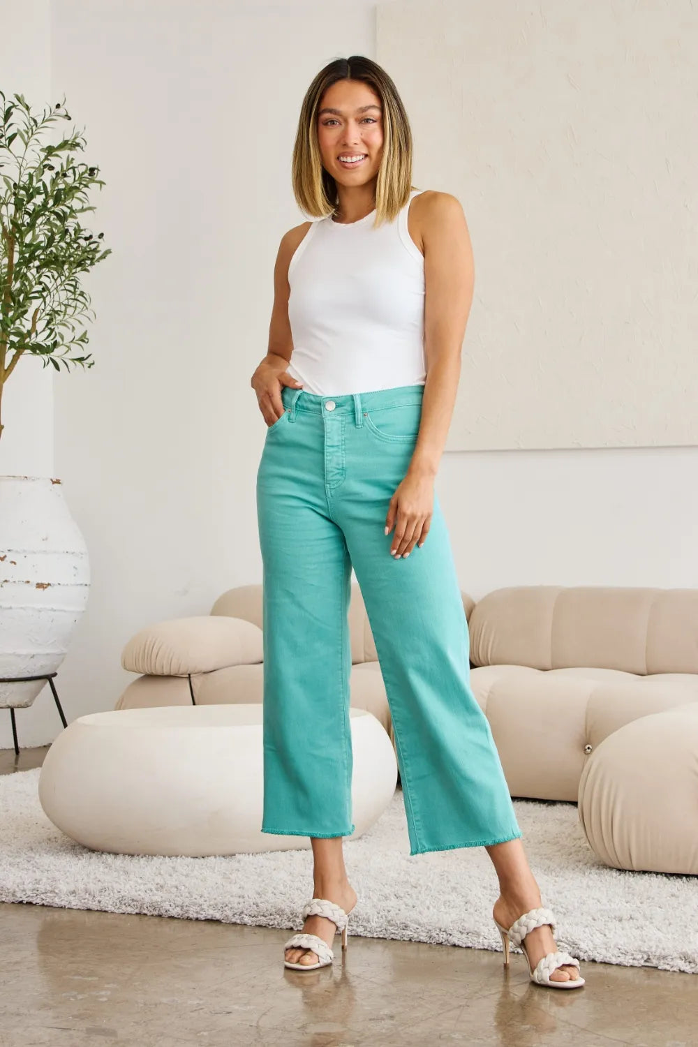 Island Green high-waist jeans, raw hem crop, button fly, 5-pocket style