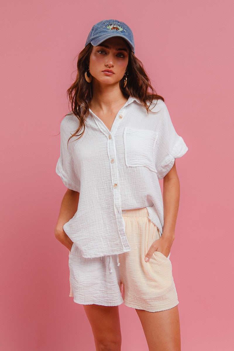 Wrinkled gauze solid shirt and shorts set in off-white, button front and drawstring waist