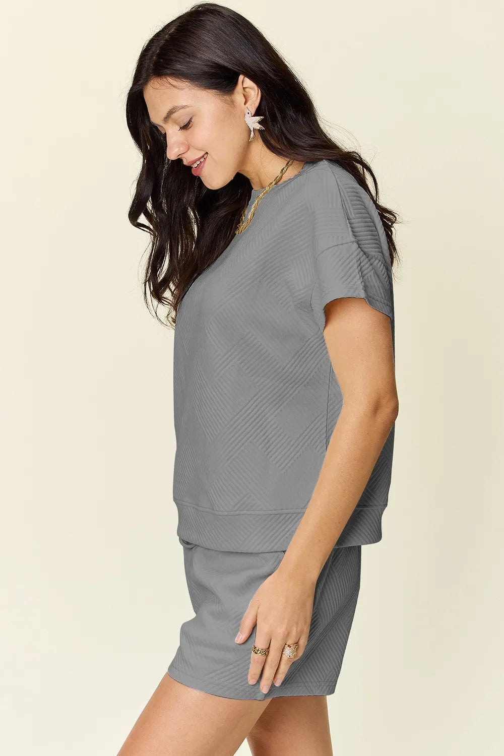 Light Gray short-sleeve T-shirt and drawstring shorts, side view