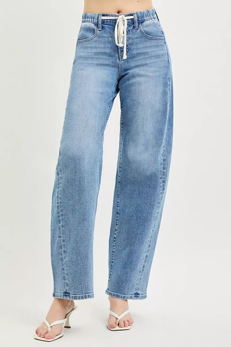 Light wash relaxed jeans with drawstring elastic waist and straight cropped legs