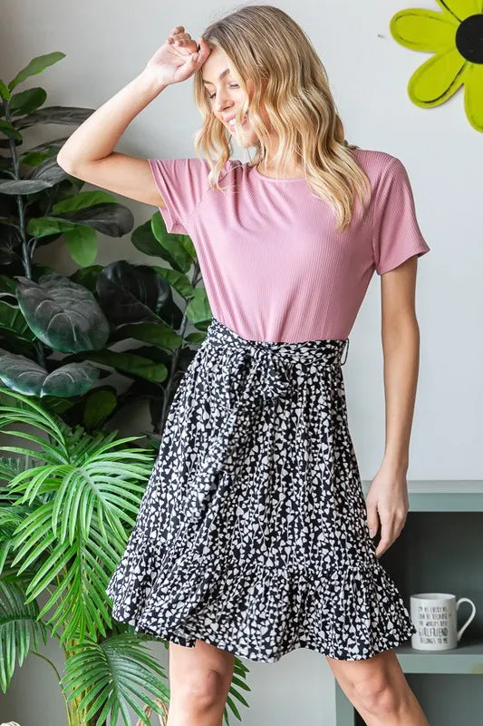 Mauve mini dress: short-sleeve crew neck bodice, black/white animal-print skirt