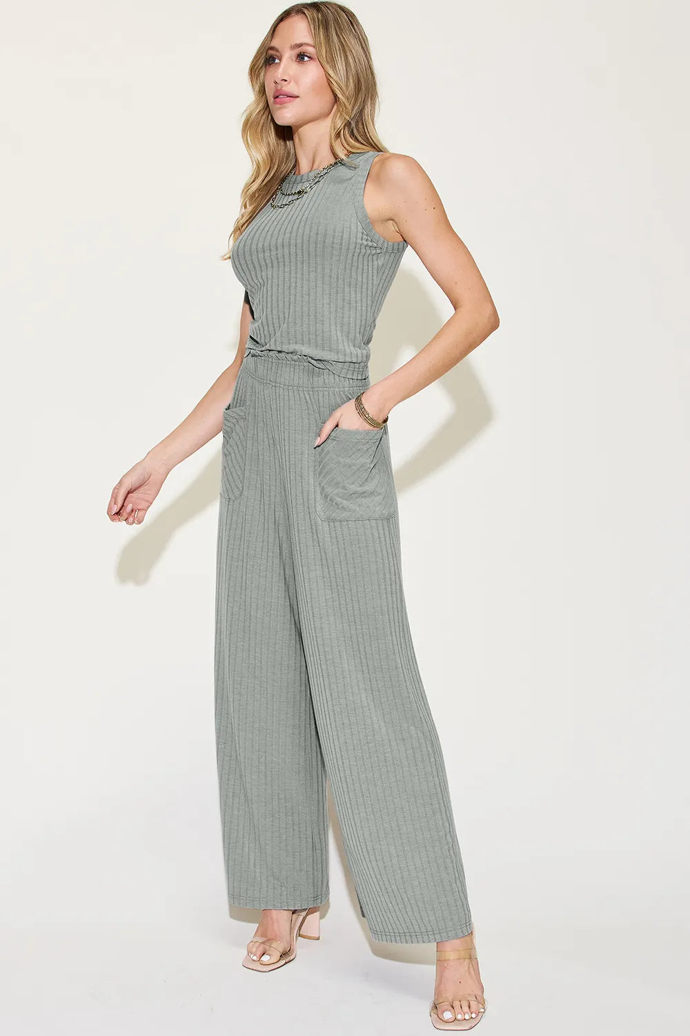 Dusty blue ribbed tank and wide-leg pants set with gathered waist seam