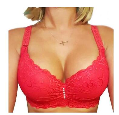 Red lace push-up bralette with scalloped edge and center ruched clasp