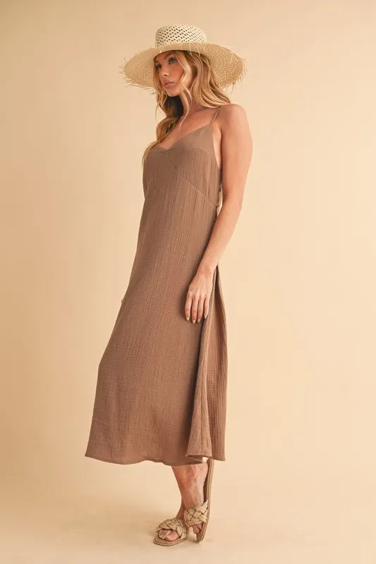 Mocha midi cami dress with front V yoke and flowing skirt