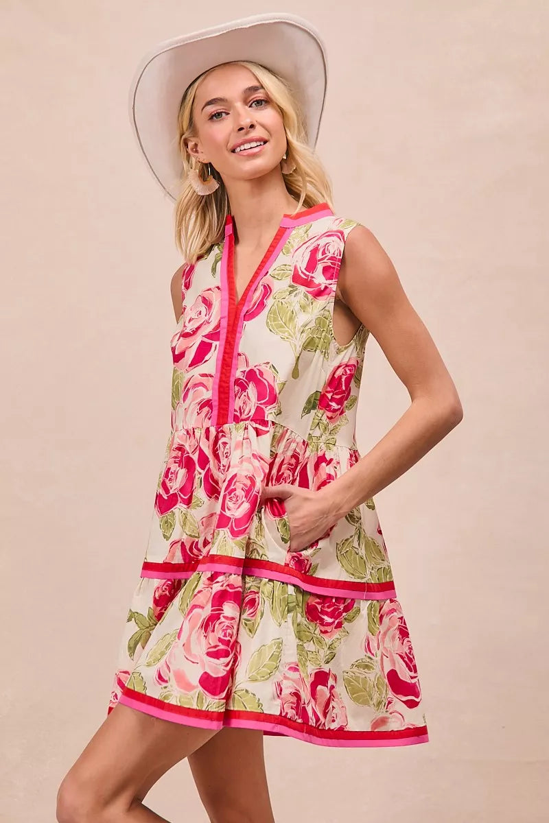 Coral floral tiered mini dress, sleeveless V-neck with contrast pink trim