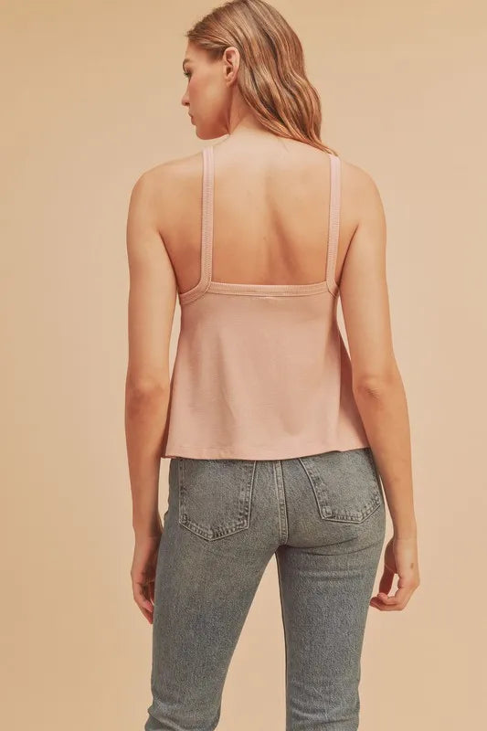 Apricot ribbed tank top with open-back racerback and slim shoulder straps