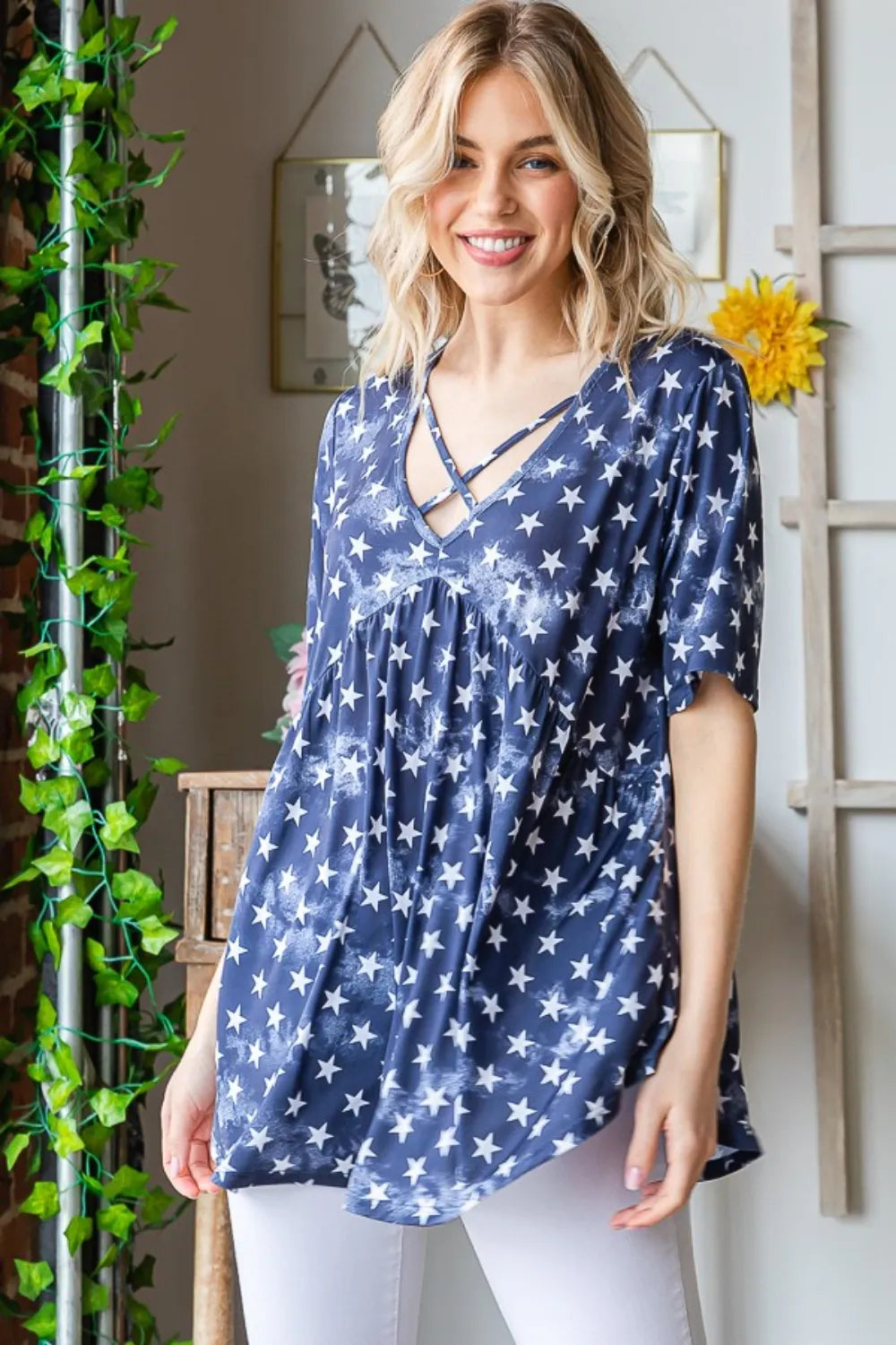 Navy Sternchen Babydoll-Top mit kurzen Ärmeln und weitem Rüschenbund