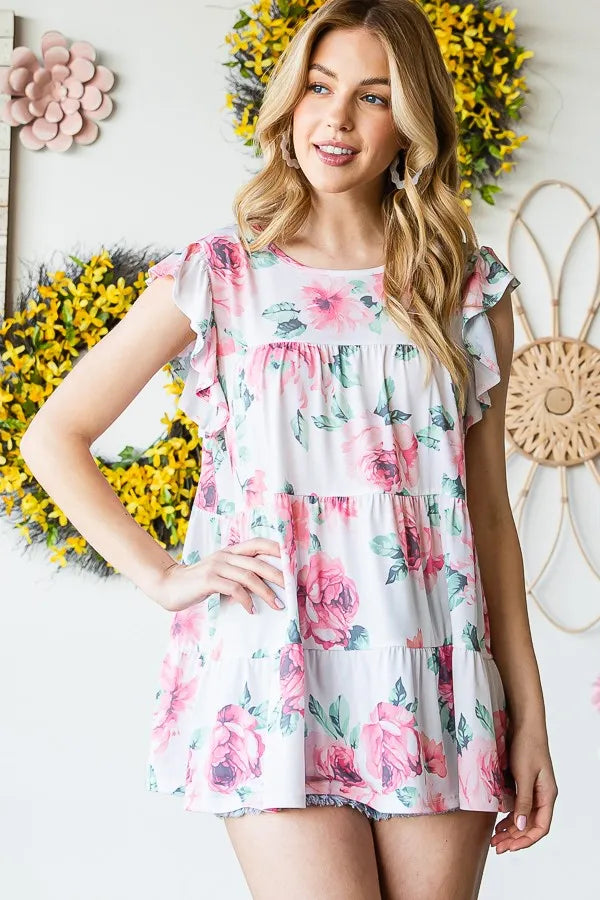 Cream floral tiered mini top with flutter ruffle cap sleeves and round neck