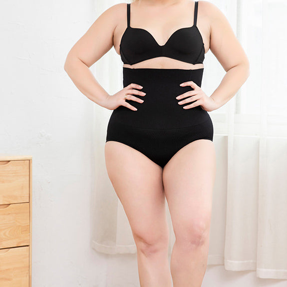 Black high-waisted shaping panties with seamless front and supportive under-bust panel