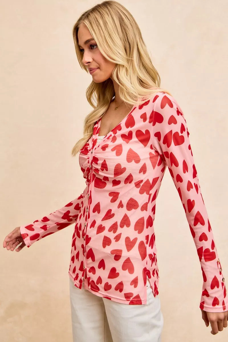 Heart print mesh button-down shirt, blush/red, ruched front and long sleeves