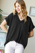 Black ribbed V-neck short-sleeve top with front pocket