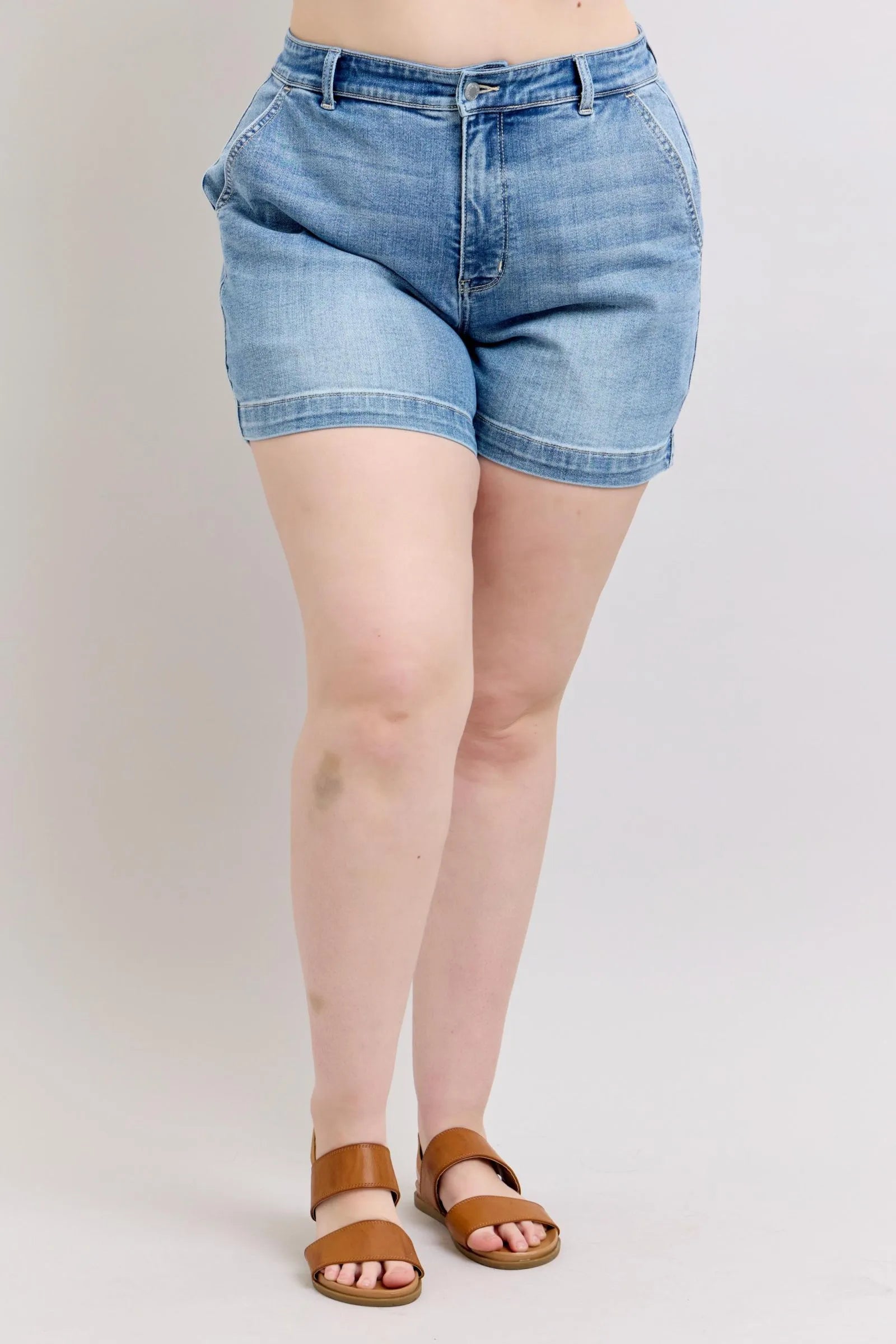 Judy Blue Plus high-rise denim shorts, medium wash, front button/zip closure