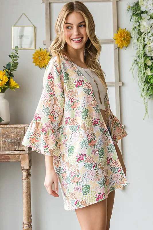 Ivory multi floral open cardigan, plus size; flutter sleeves and open front