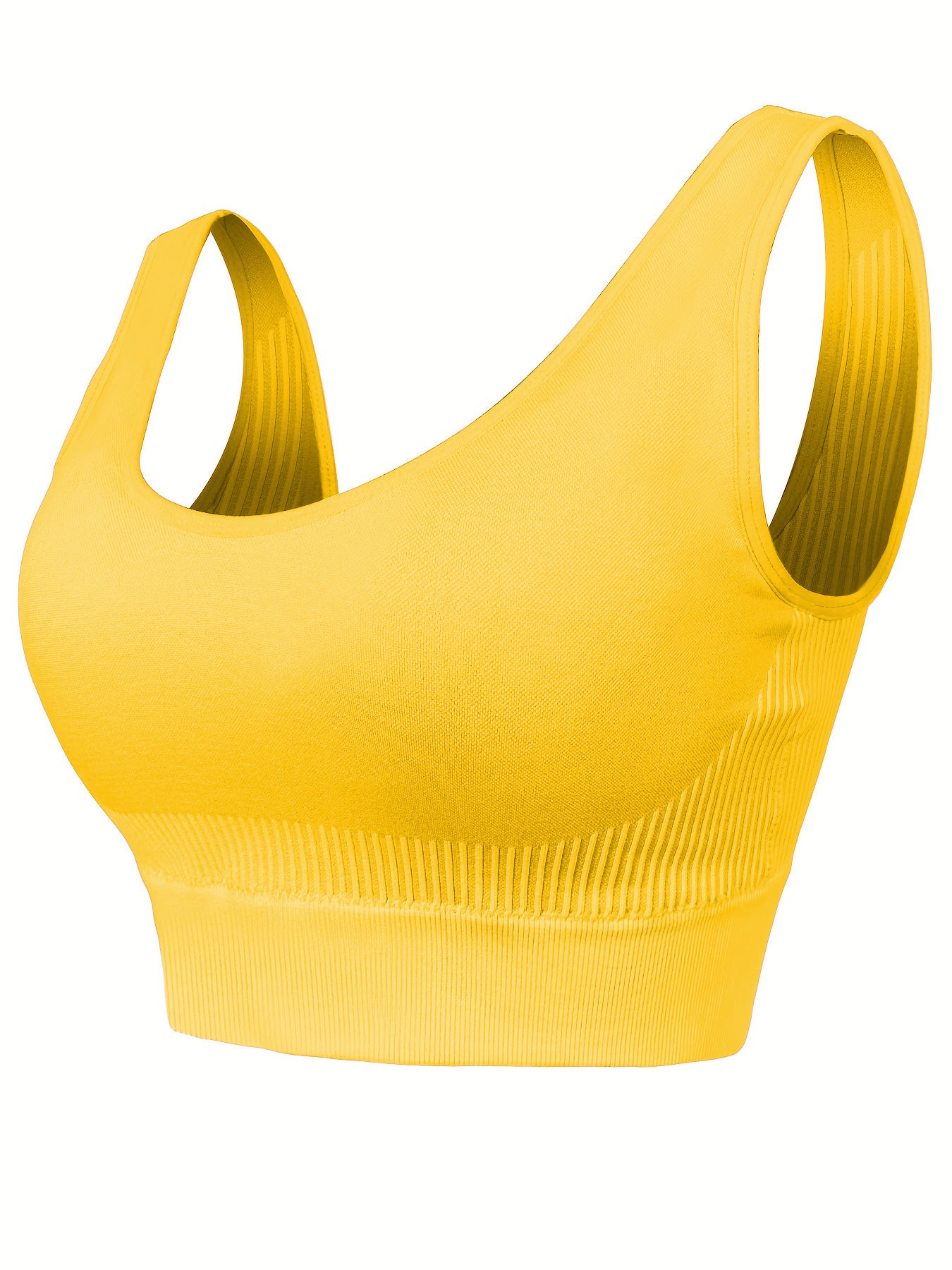 Seamless sports bra set, bright yellow with ribbed knit texture and racerback straps